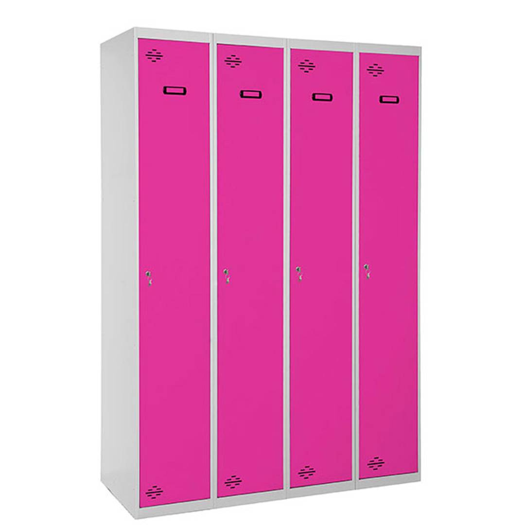 Metalowa szafka magazynowa z 4 modułami po 1 przegrody 1800 x 1200 x 500 mm firmy RackMatic w kolorze szarym i różowym