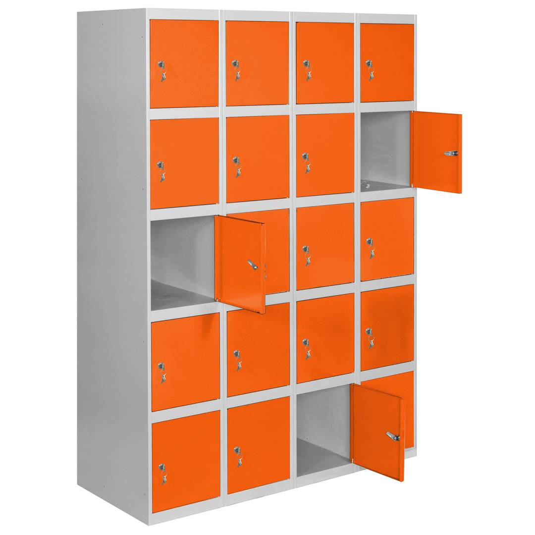 Metalowa szafa magazynowa z 4 modułami i 5 przegrodami 1800 x 1200 x 500 mm firmy RackMatic w kolorze szarym i pomarańczowym