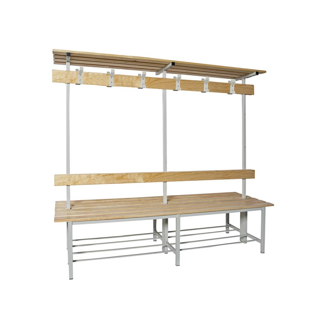 Banco duplo de vestiário em metal e madeira com cabideiro com teto 1000 x 1800 x 670 mm.)