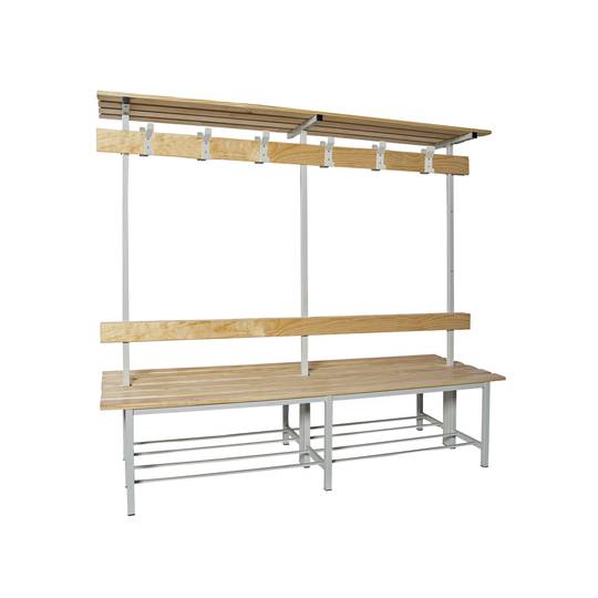 Banco duplo de vestiário em metal e madeira com cabideiro com teto 1000 x 1800 x 670 mm.)