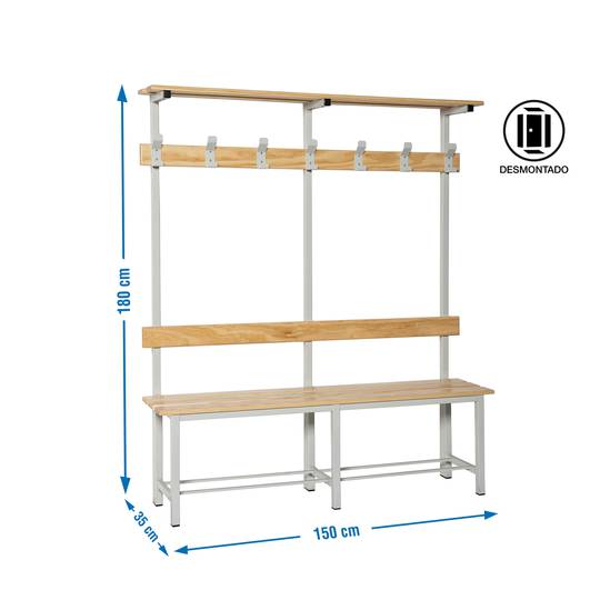 Kleedkamerbank van metaal en hout met kapstok en plafond, 1500 x 1800 x 350 mm.