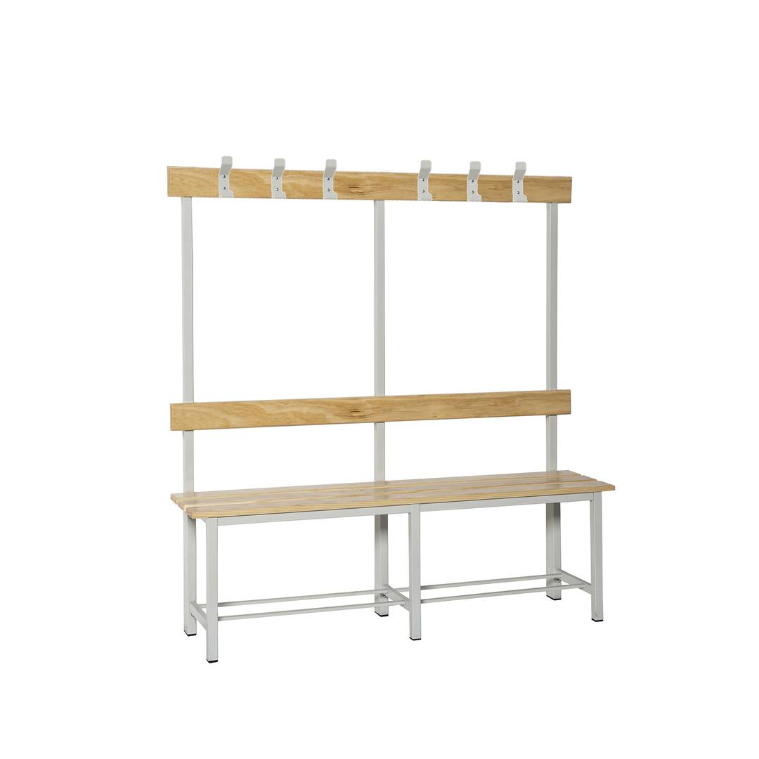 Metal and wood changing room bench with coat rack 1500 x 1600 x 350 mm.