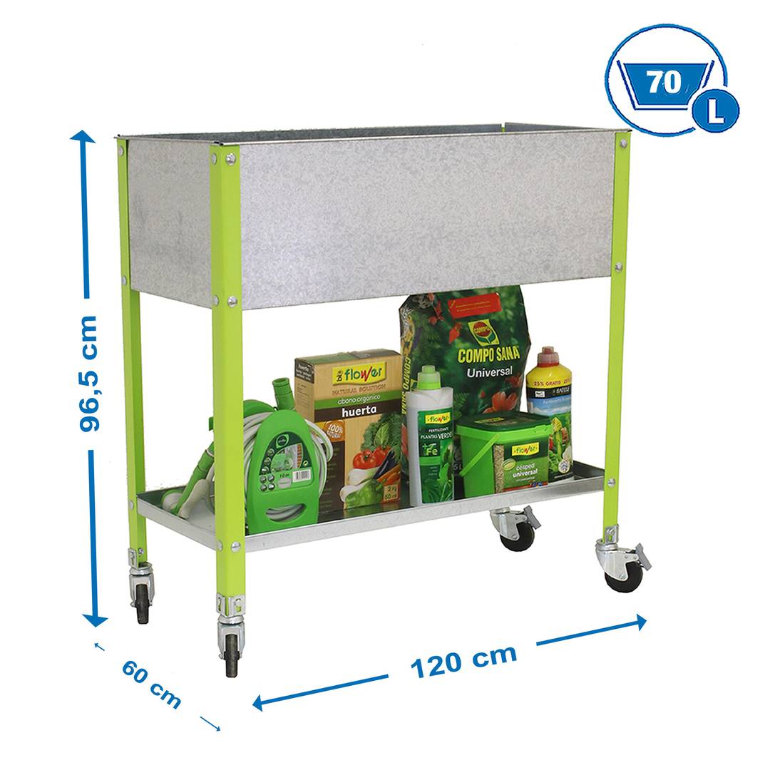 Hort Urbà Simonrack Top Wheel de 925x1200x600 mm de color verd i galvanitzat amb capacitat de 70 Litres amb rodes