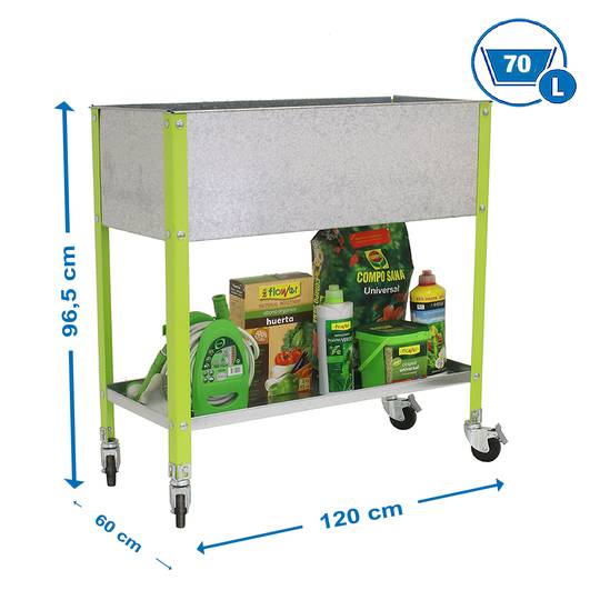 Hort Urbà Simonrack Top Wheel de 925x1200x600 mm de color verd i galvanitzat amb capacitat de 70 Litres amb rodes
