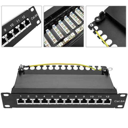 Patch panel 10" for server rack cabinet 12 port RJ45 Cat.6A FTP 1U