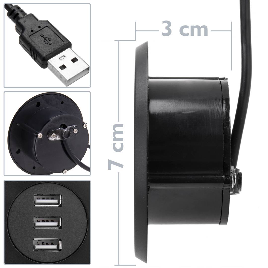 Hub USB 2.0 à 3 ports pour ordinateur de bureau noir