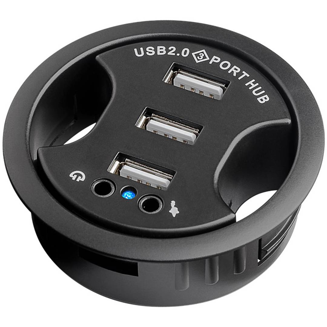 Concentrateur USB 2.0 à 3 ports avec audio et micro pour bureau noir