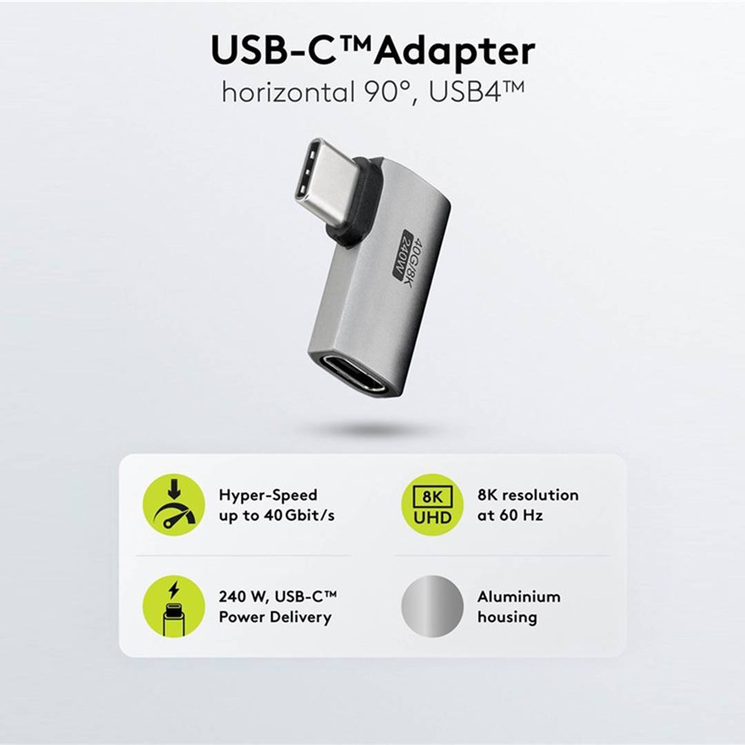 Horizontale haakse USB-C 3.0 adapter 90º (C mannelijke naar C vrouwelijke)