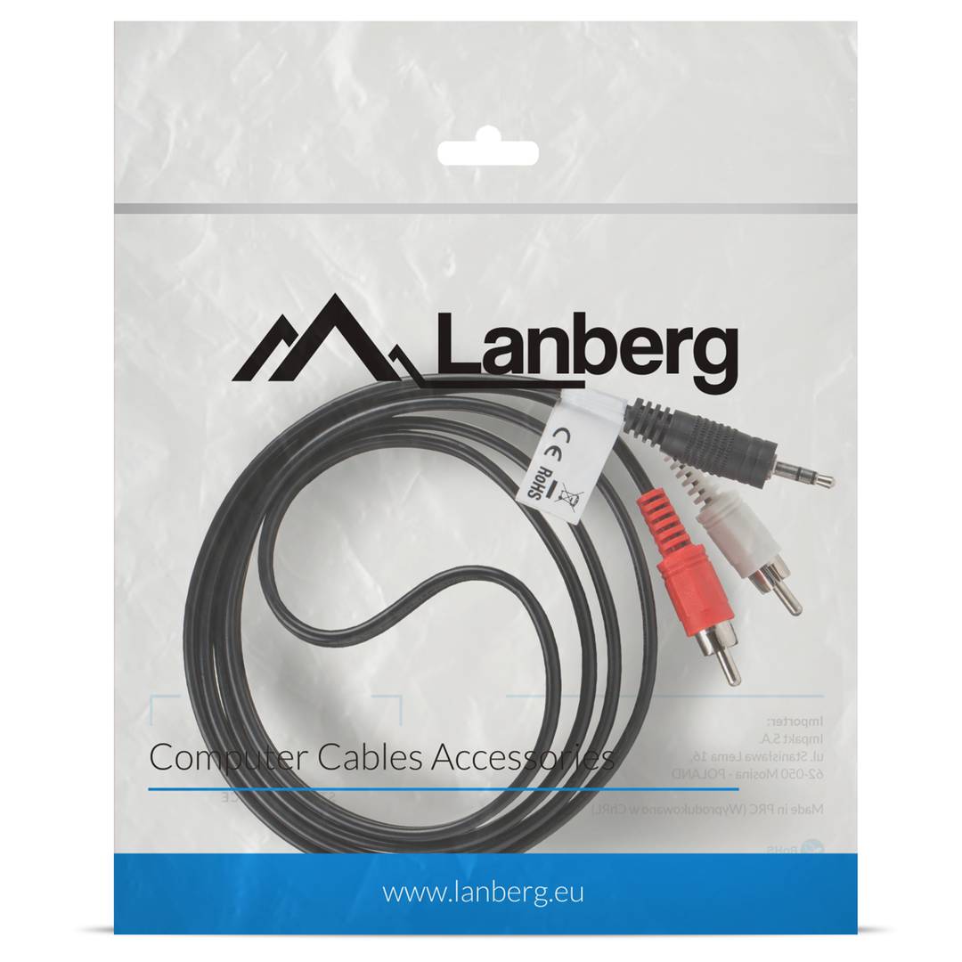 Cable estéreo de 1.5 m de Lanberg con un conector macho Jack 3.5 mm a dos conectores macho RCA