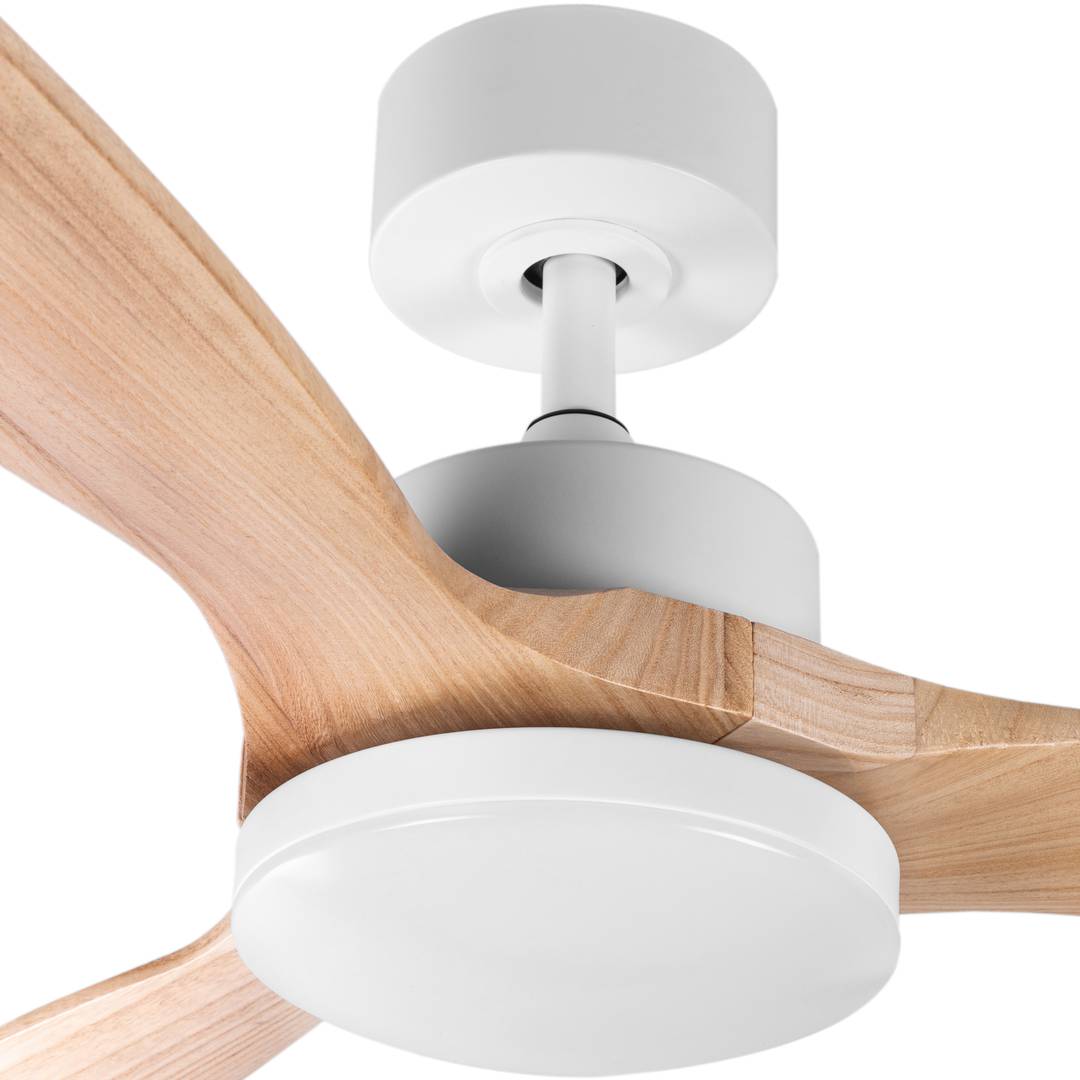 Ventilateur de plafond à pales claires et couleur bois avec commande, mode été/hiver, 6 vitesses programmables 20W 132 cm