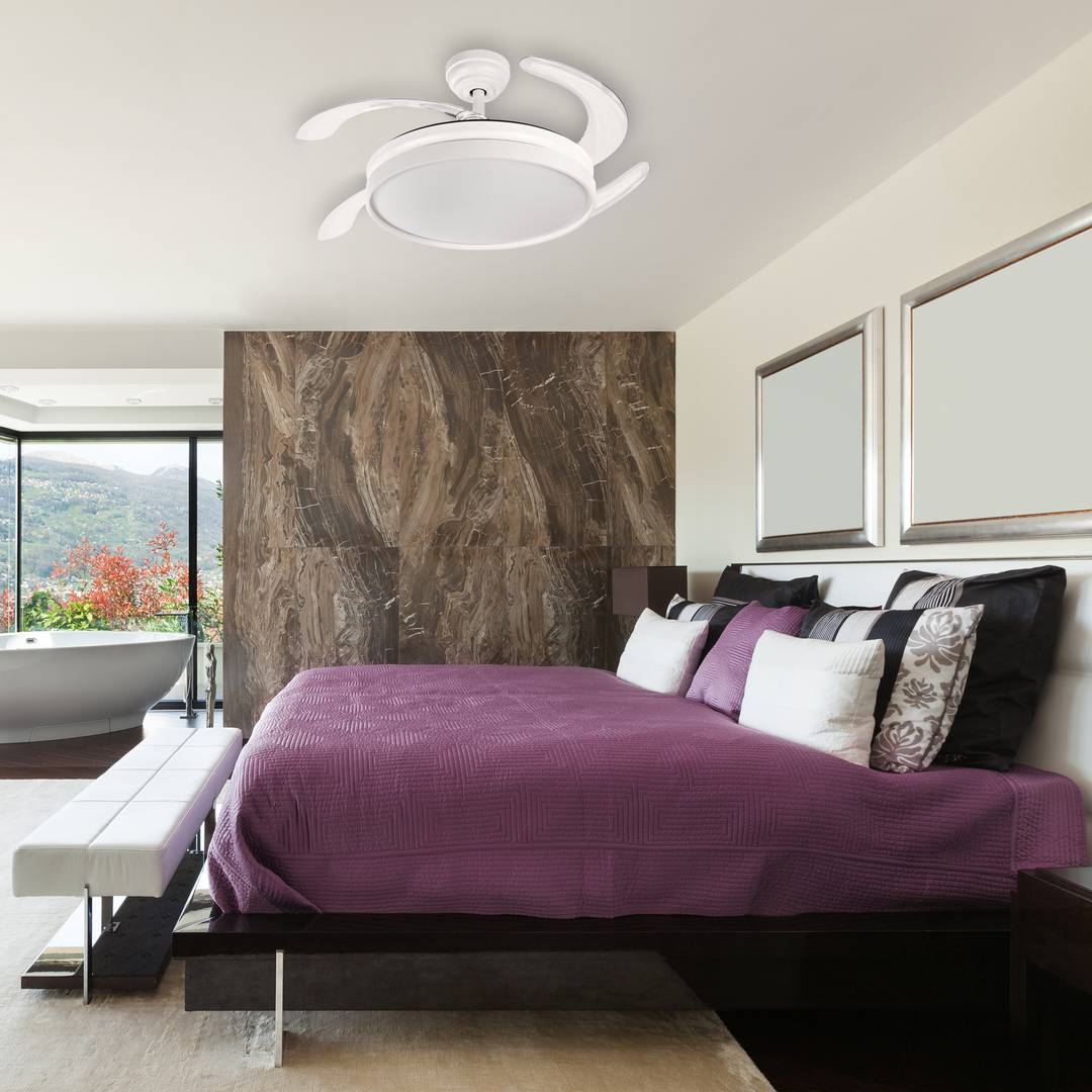 Ventilador de teto com controle remoto de lâminas retráteis, luz LED 6 velocidades modo verão/inverno, 35W 107cm cor branca