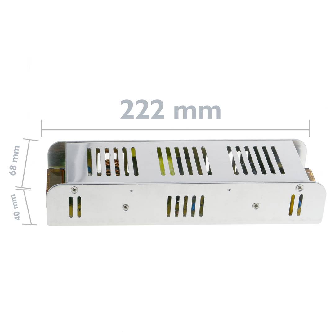 Source d'alimentation industrielle 12VDC 16.7A. Mesures 68 x 222 x 40 mm