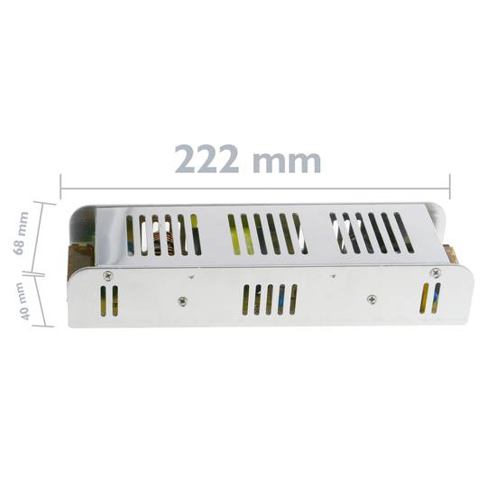 Source d'alimentation industrielle 12VDC 16.7A. Mesures 68 x 222 x 40 mm