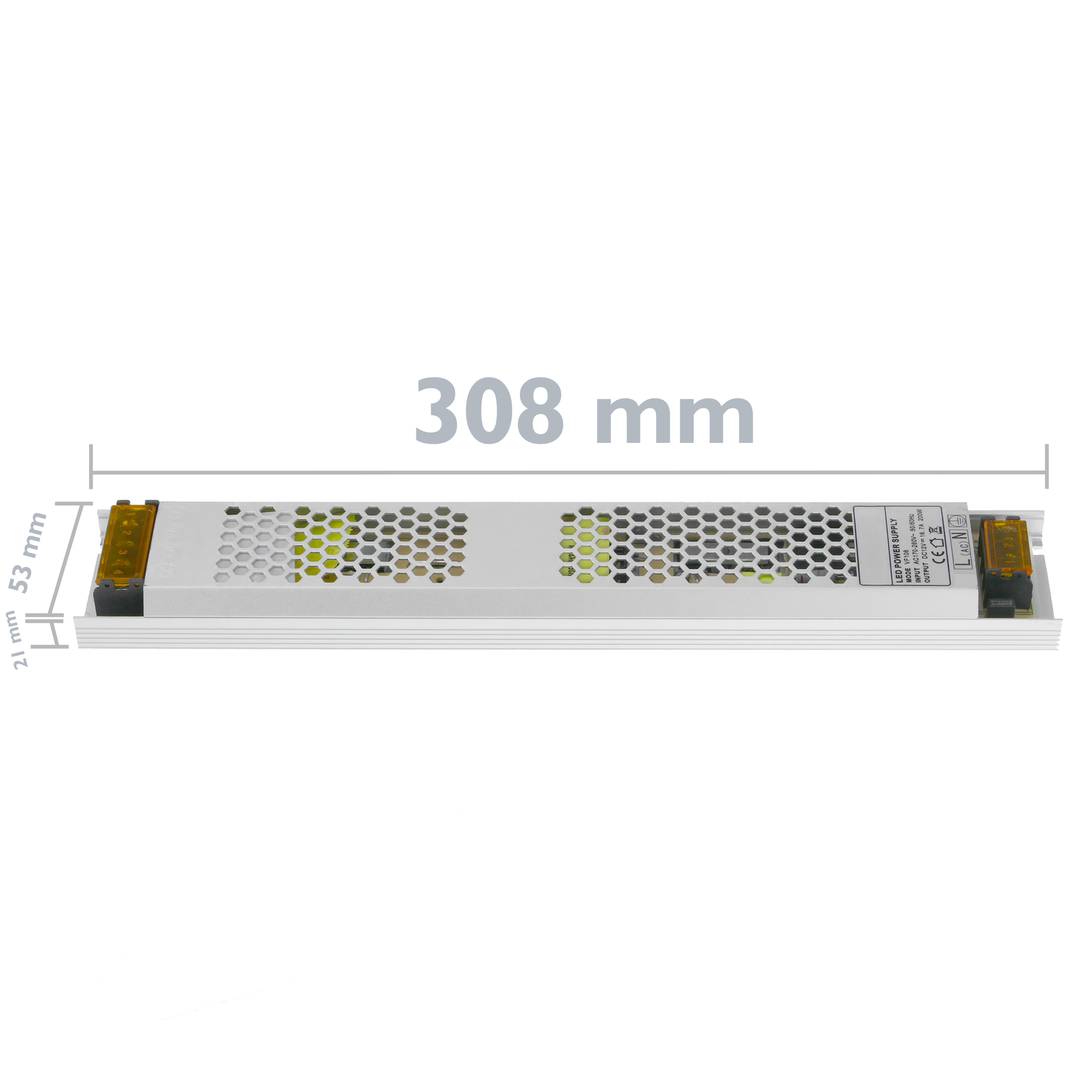 Fonte de alimentação de superfície plana. Transformador elétrico industrial de 12VDC 16.7A. Tamanho 53 x 308 x 21 mm