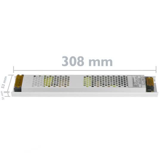 Flat industrial power supply 12VDC 16.7A. Size 53 x 308 x 21 mm