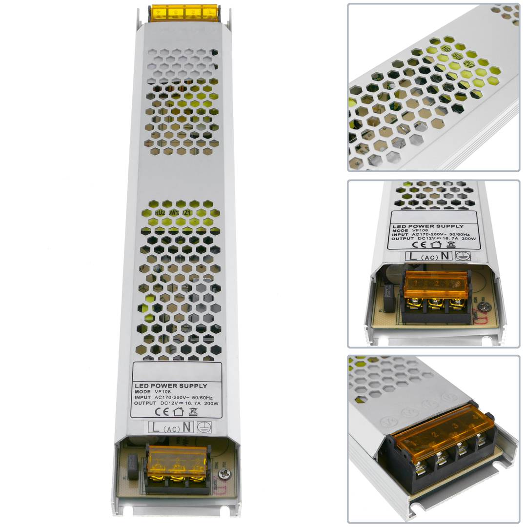 Fonte de alimentação de superfície plana. Transformador elétrico industrial de 12VDC 16.7A. Tamanho 53 x 308 x 21 mm