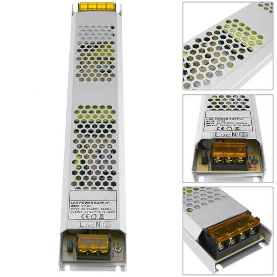Flat industrial power supply 12VDC 16.7A. Size 53 x 308 x 21 mm