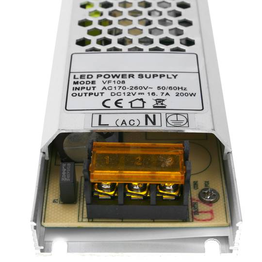 Flat industrial power supply 12VDC 16.7A. Size 53 x 308 x 21 mm