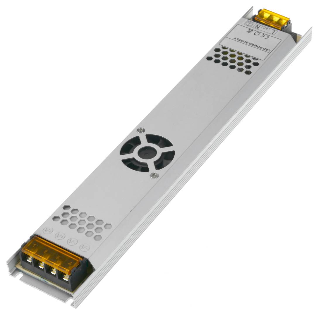 Flat power supply for surface. 12VDC 20.8A industrial electrical converter. Size 53 x 308 x 21 mm