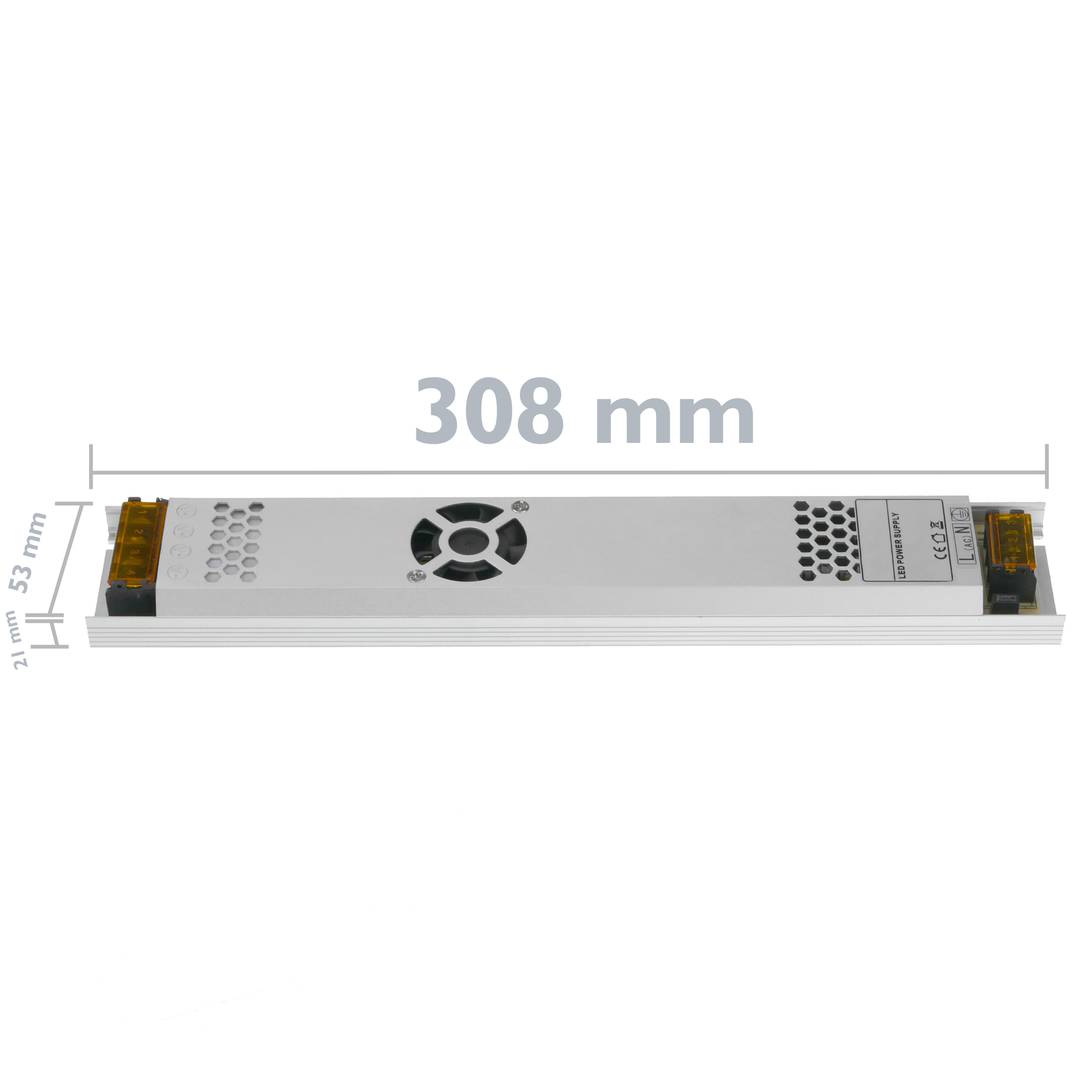Flat power supply for surface. 12VDC 20.8A industrial electrical converter. Size 53 x 308 x 21 mm