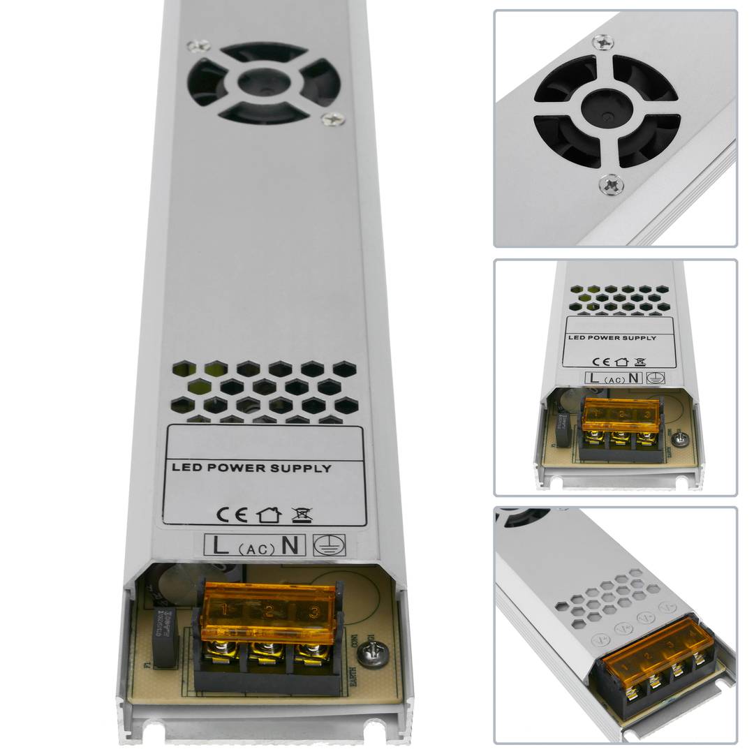Flat power supply for surface. 12VDC 20.8A industrial electrical converter. Size 53 x 308 x 21 mm