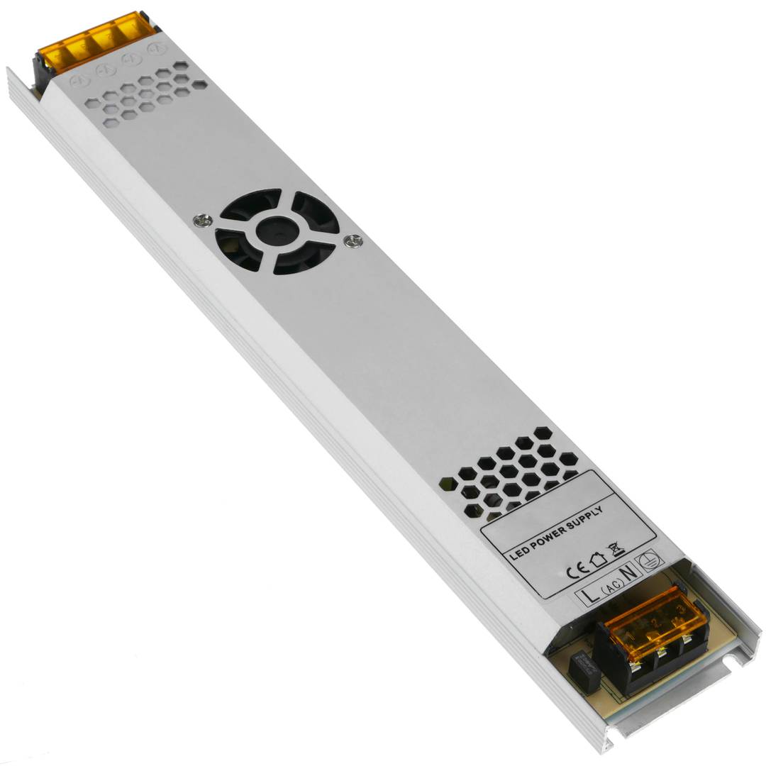 Flat power supply for surface. 12VDC 20.8A industrial electrical converter. Size 53 x 308 x 21 mm