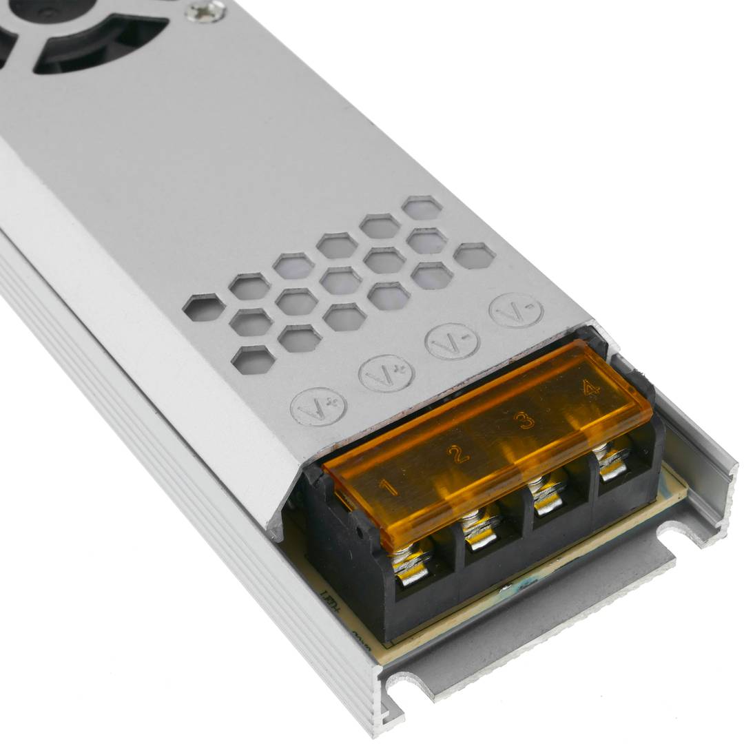 Flat power supply for surface. 12VDC 20.8A industrial electrical converter. Size 53 x 308 x 21 mm