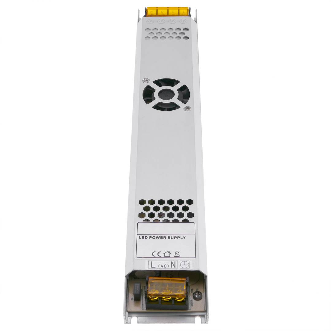 Flat power supply for surface. 12VDC 20.8A industrial electrical converter. Size 53 x 308 x 21 mm