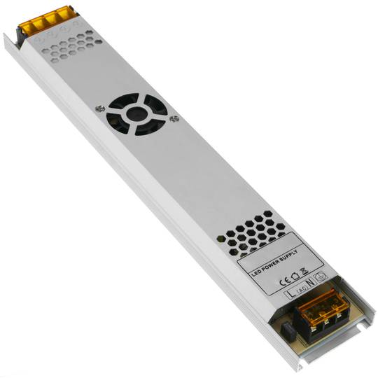 Alimentatore industriale piano 12VDC 25A. Dimensioni 53 x 308 x 21 mm