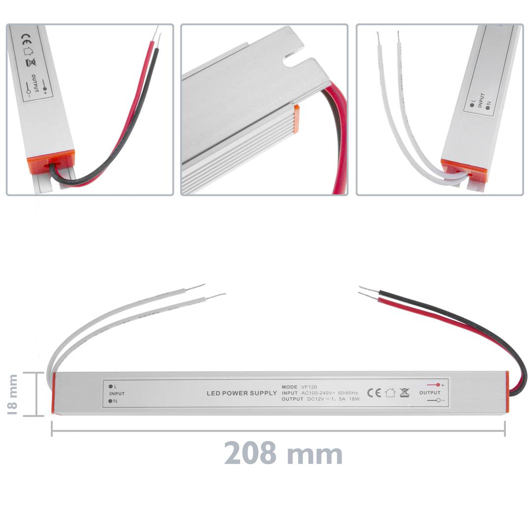Fonte de alimentação industrial para LED 12VDC 1.5A. Tamanho 18 x 208 x 15 mm