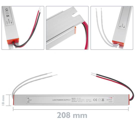 Fonte de alimentação industrial para LED 12VDC 1.5A. Tamanho 18 x 208 x 15 mm