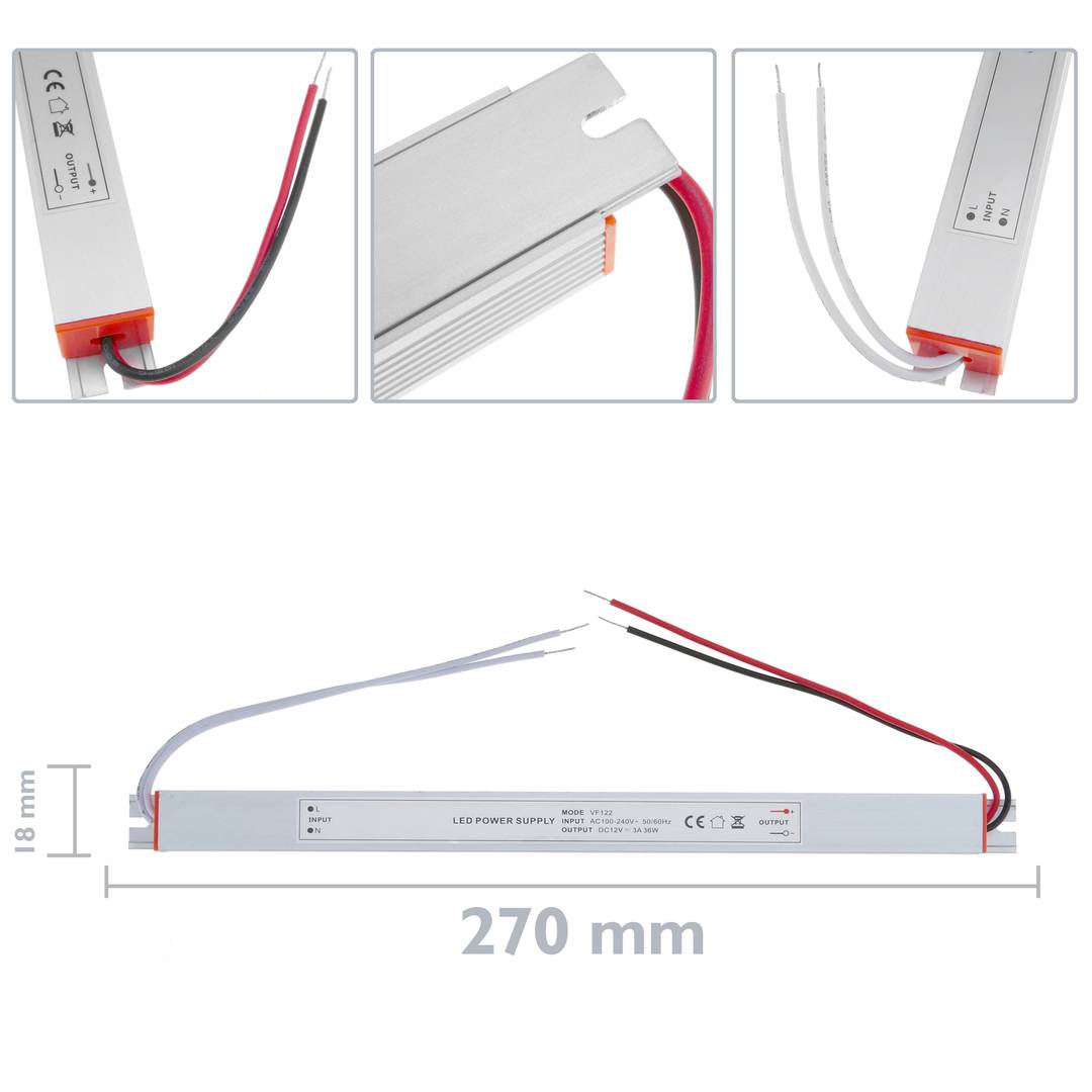 Flat power supply for surface for LED. 12VDC 3A industrial electrical converter. Size 18 x 270 x 15 mm