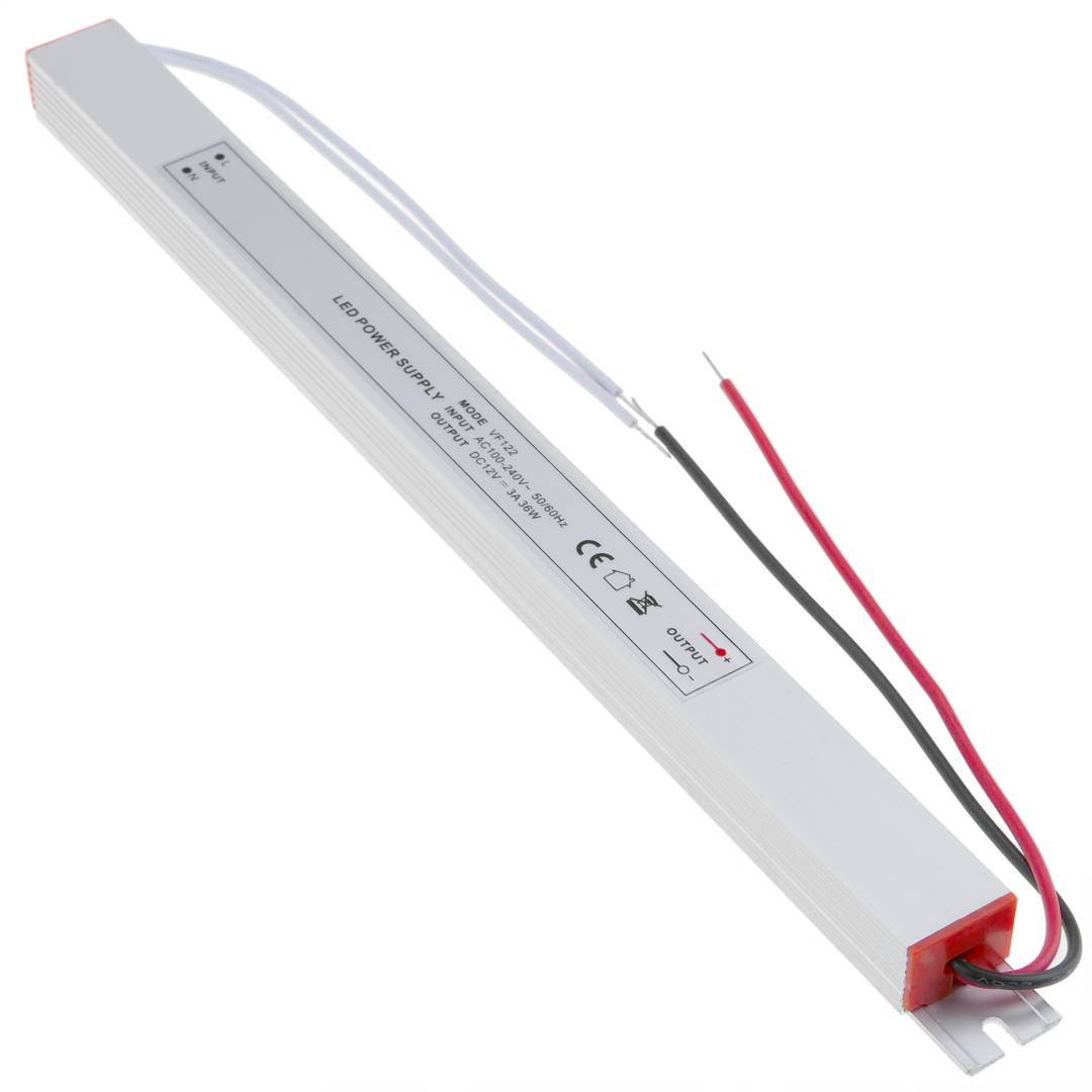 Flat power supply for surface for LED. 12VDC 3A industrial electrical converter. Size 18 x 270 x 15 mm