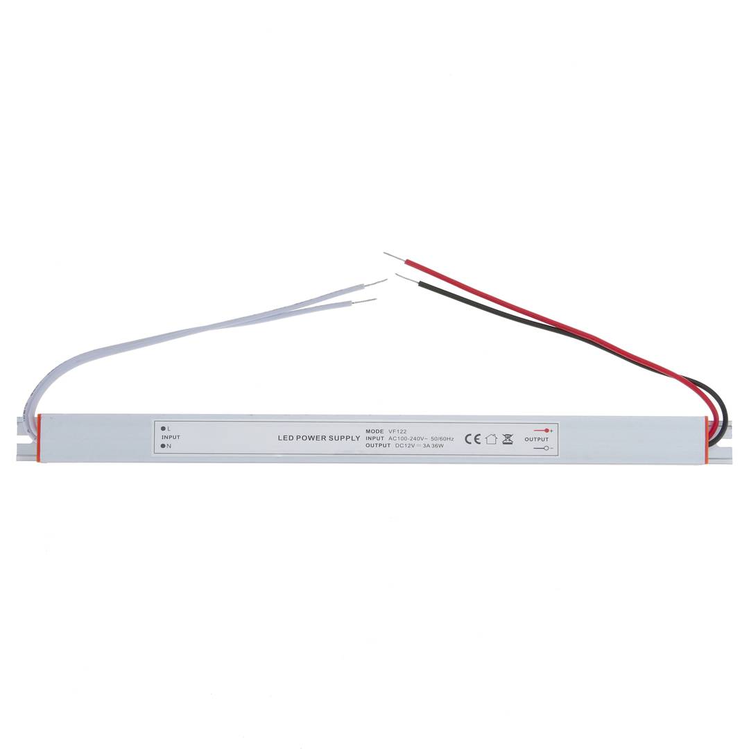 Flat power supply for surface for LED. 12VDC 3A industrial electrical converter. Size 18 x 270 x 15 mm