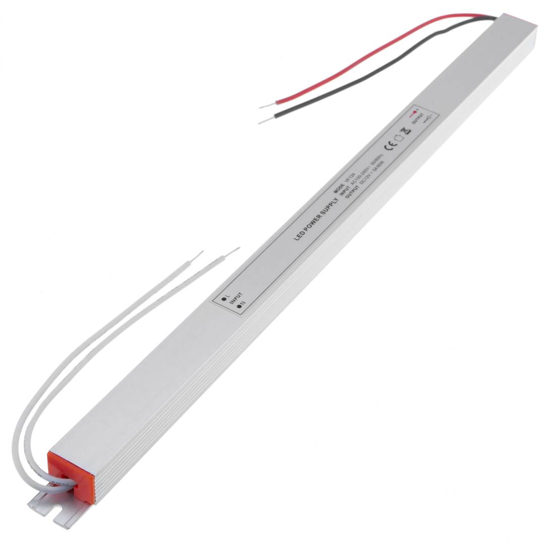 Flat LED power supply for surface. 12VDC 5A industrial electrical converter. Size 18 x 352 x 15 mm