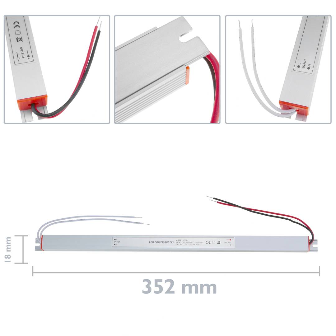 Flat LED power supply for surface. 12VDC 5A industrial electrical converter. Size 18 x 352 x 15 mm