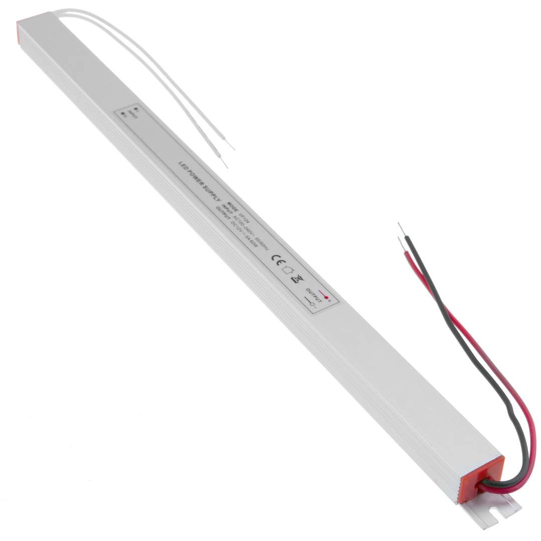 Flat LED power supply for surface. 12VDC 5A industrial electrical converter. Size 18 x 352 x 15 mm
