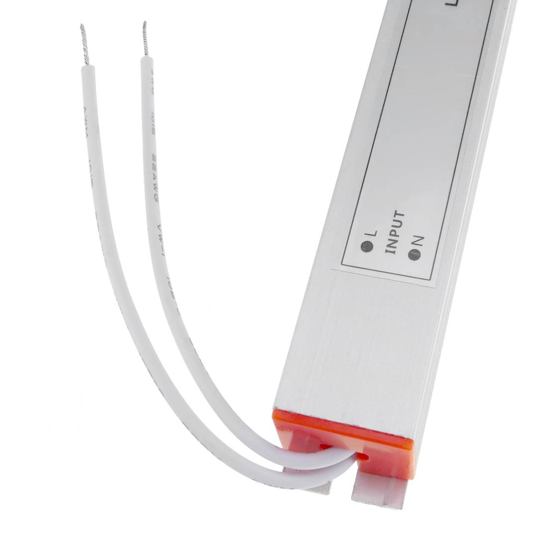 Flat LED power supply for surface. 12VDC 5A industrial electrical converter. Size 18 x 352 x 15 mm