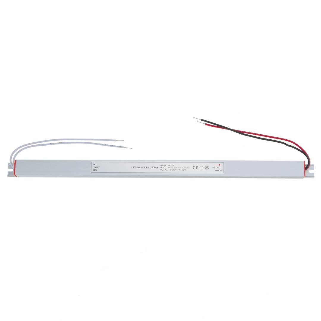 Flat LED power supply for surface. 12VDC 5A industrial electrical converter. Size 18 x 352 x 15 mm
