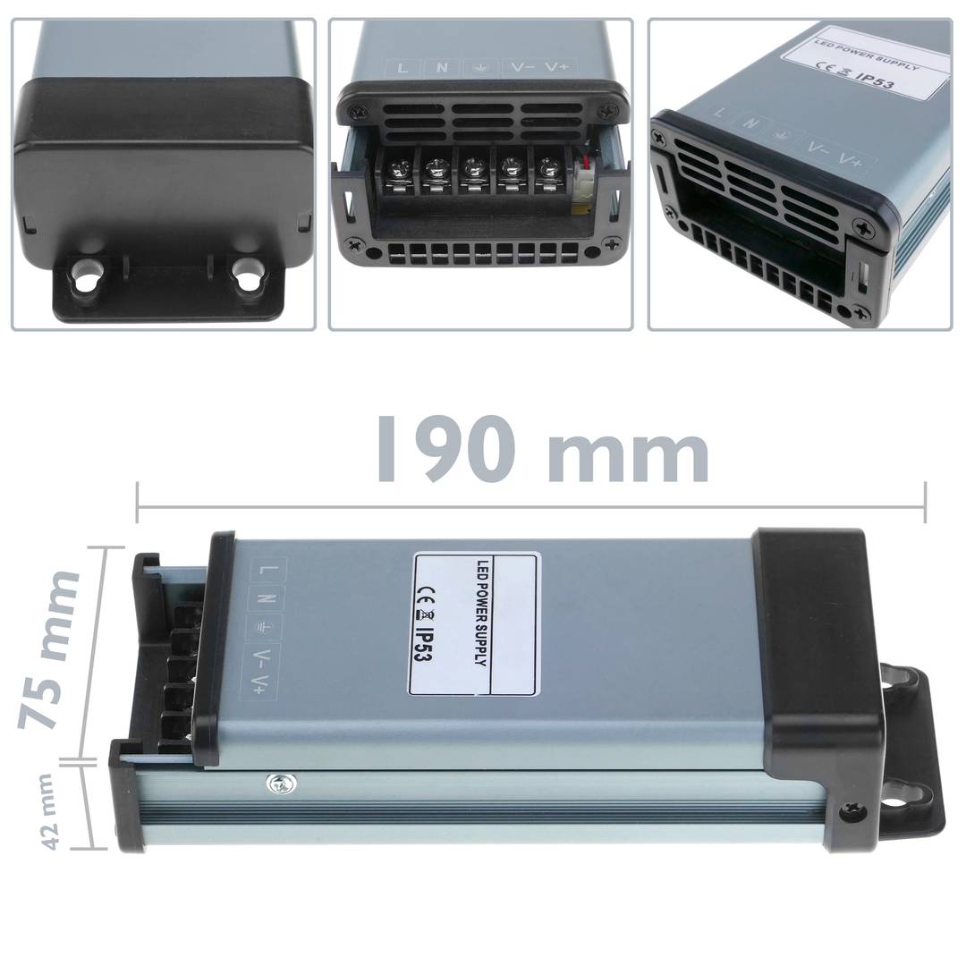 Alimentation électrique à surface plane. Transformateur électrique industriel 12VDC 12.5A. Mesures 75 x 190 x 42 mm IP53