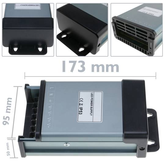Fuente de alimentación industrial de superficie 12VDC 20.8A. Tamaño 95 x 173 x 50 mm IP53