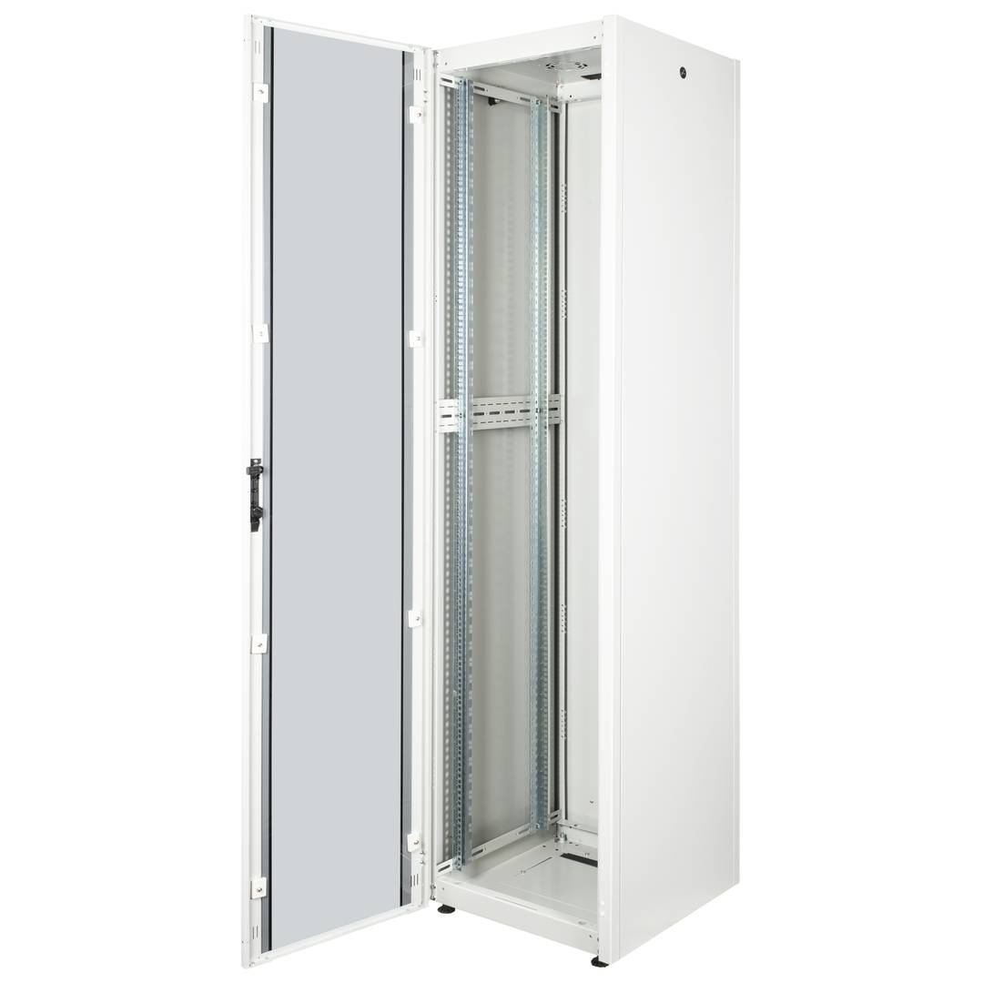 Rack cabinet 19'' standing 47U 600x600x2202mm MobiRack by RackMatic White and tempered glass door