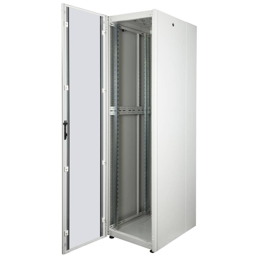 Rackschrank 19'' stehend 47U 600x800x2202mm MobiRack von RackMatic Weiße Tür aus gehärtetem Glas