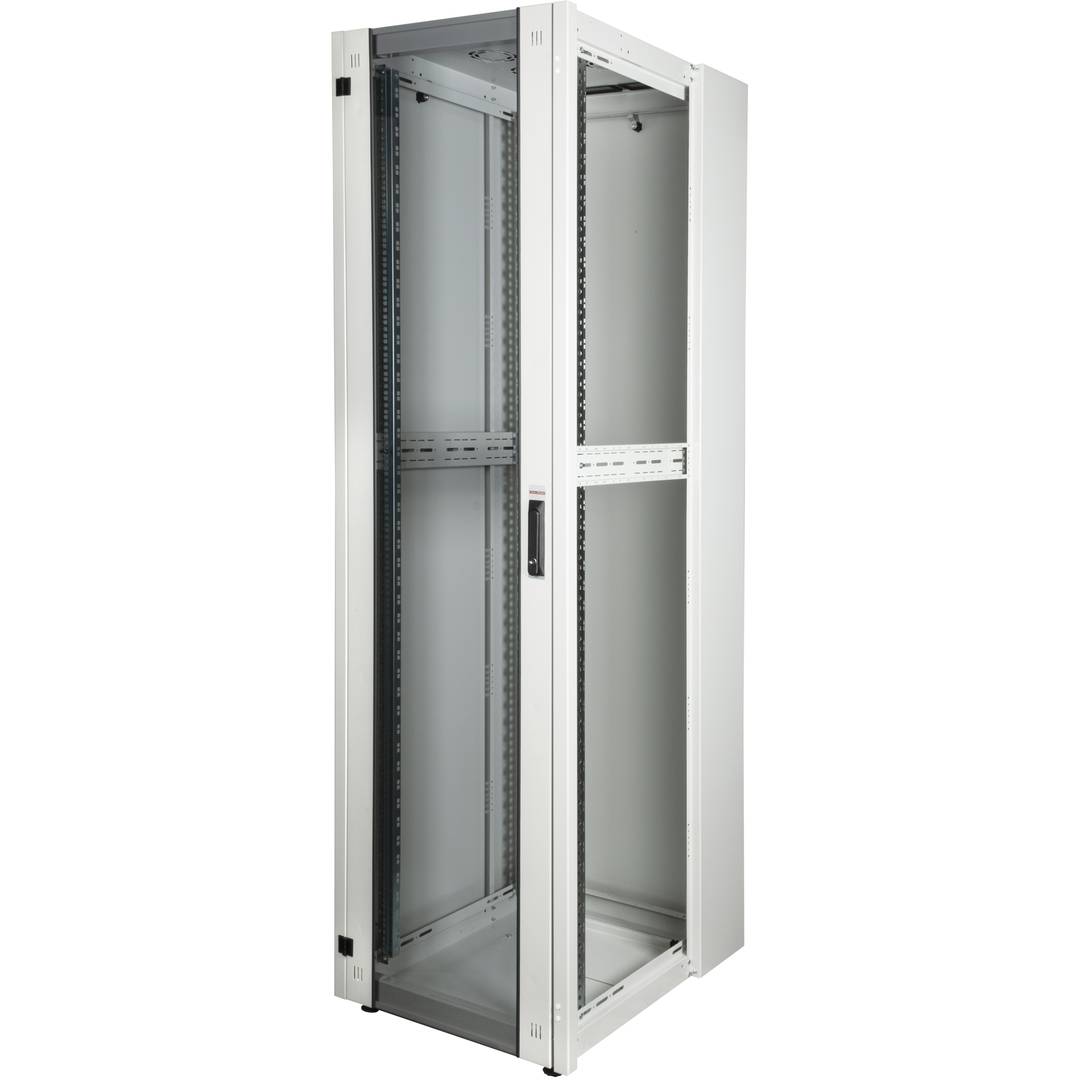 Rackschrank 19'' stehend 47U 600x800x2202mm MobiRack von RackMatic Weiße Tür aus gehärtetem Glas
