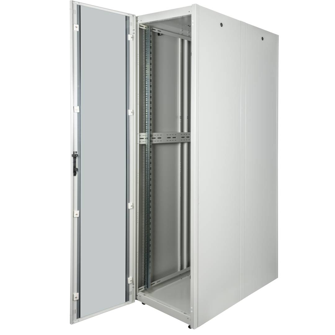 19'' Stand-Rack-Schrank 47 HE 600 x 1200 x 2202 mm MobiRack von RackMatic Weiße Tür aus gehärtetem Glas