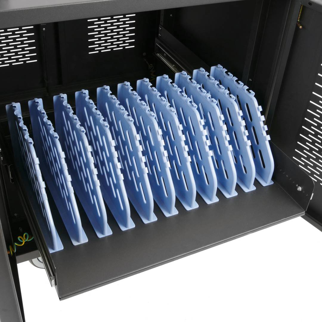 Charging and transport cabinet for 10 tablets and laptops black with 16 schuko on 2 strips