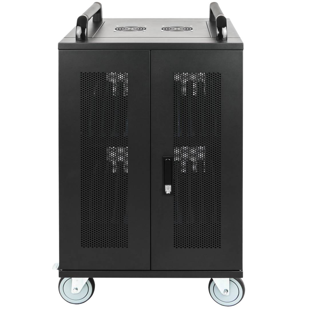 Gabinete de carregamento e transporte para 20 tablets e laptops preto com 24 schuko em 2 faixas