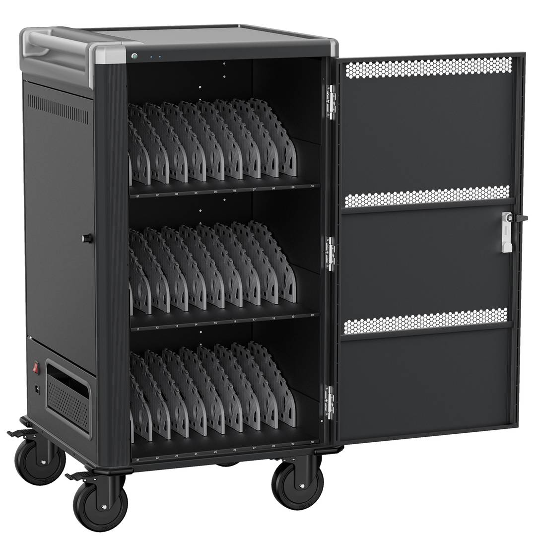 Charging and transport cabinet for 30 tablets and laptops in black with 30 Schuko sockets on 6 power strips