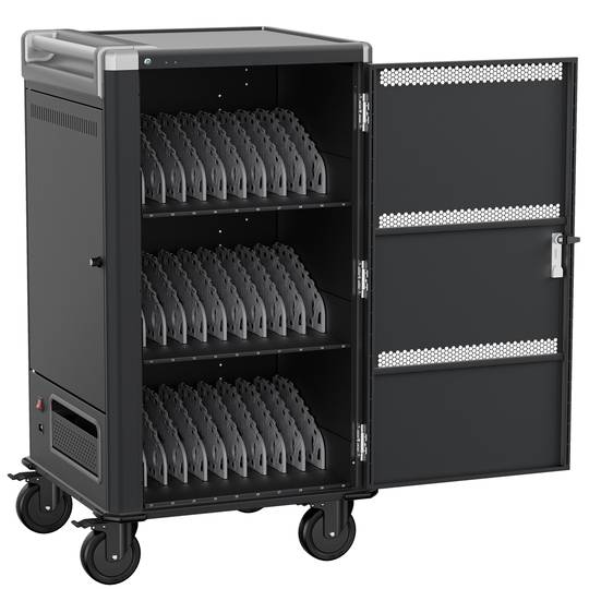 Charging and transport cabinet for 30 tablets and laptops in black with 30 Schuko sockets on 6 power strips