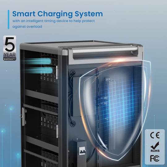 Charging and transport cabinet for 30 tablets and laptops in black with 30 Schuko sockets on 6 power strips
